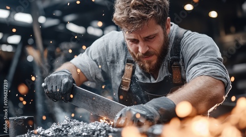 Focused blacksmith uses tools to meticulously shape metal in a smoky workshop, exemplifying dedication and the timeless art of traditional metal crafting.