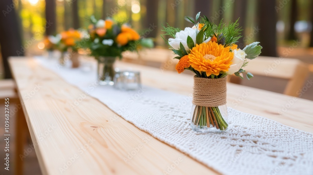 A rustic wooden table lined with a white cloth runner is decorated with scattered floral arrangements, creating a festive atmosphere for an intimate gathering. A rustic wooden table lined with a white cloth runner is decorated with scattered floral arrangements, creating a festive atmosphere for an intimate gathering.