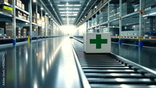 A box with a green cross moves smoothly along a conveyor belt in a bright, spacious warehouse, symbolizing secure medical deliveries. photo