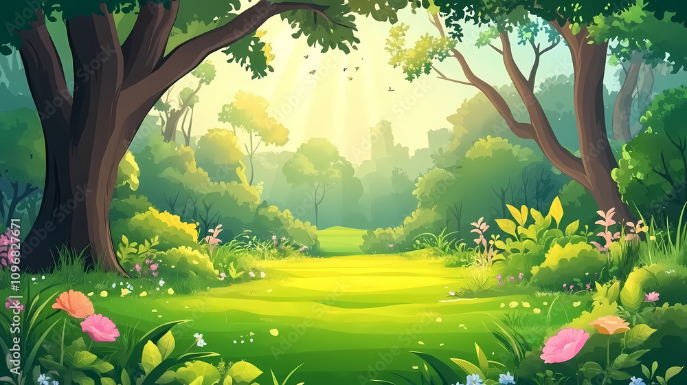 Fototapeta premium Enchanted forest landscape. Magical Forest Whispers. Illustration