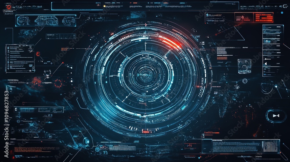 Futuristic head-up display showing rotating circles and complex data analysis charts Futuristic head-up display showing rotating circles and complex data analysis charts