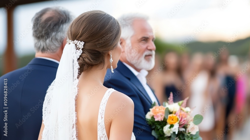 The bride, adorned in a lace wedding gown and veil, stands beside her proud father during the ceremony, holding a colorful bouquet in an outdoor venue. The bride, adorned in a lace wedding gown and veil, stands beside her proud father during the ceremony, holding a colorful bouquet in an outdoor venue.