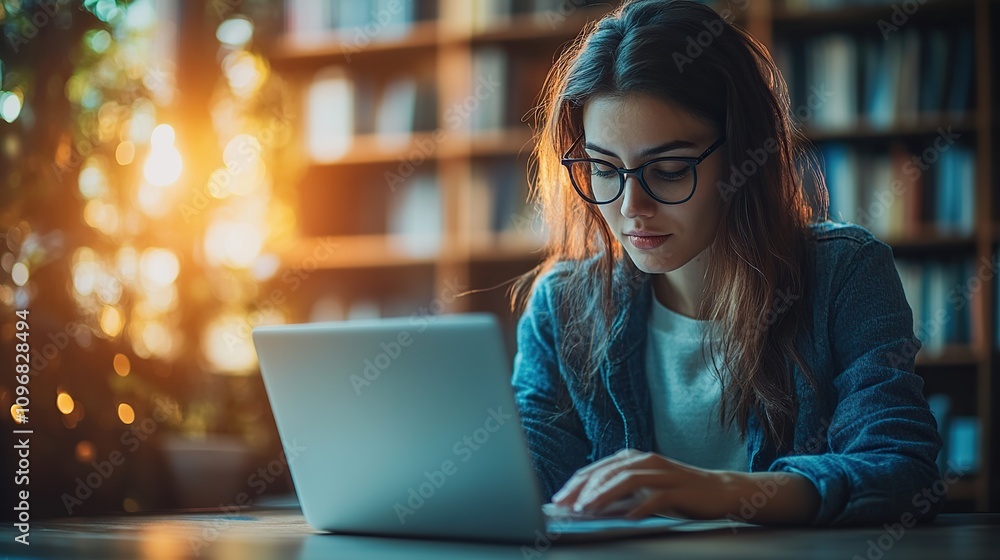 Focused Young Woman Working on Laptop in Cozy Library Setting Focused Young Woman Working on Laptop in Cozy Library Setting