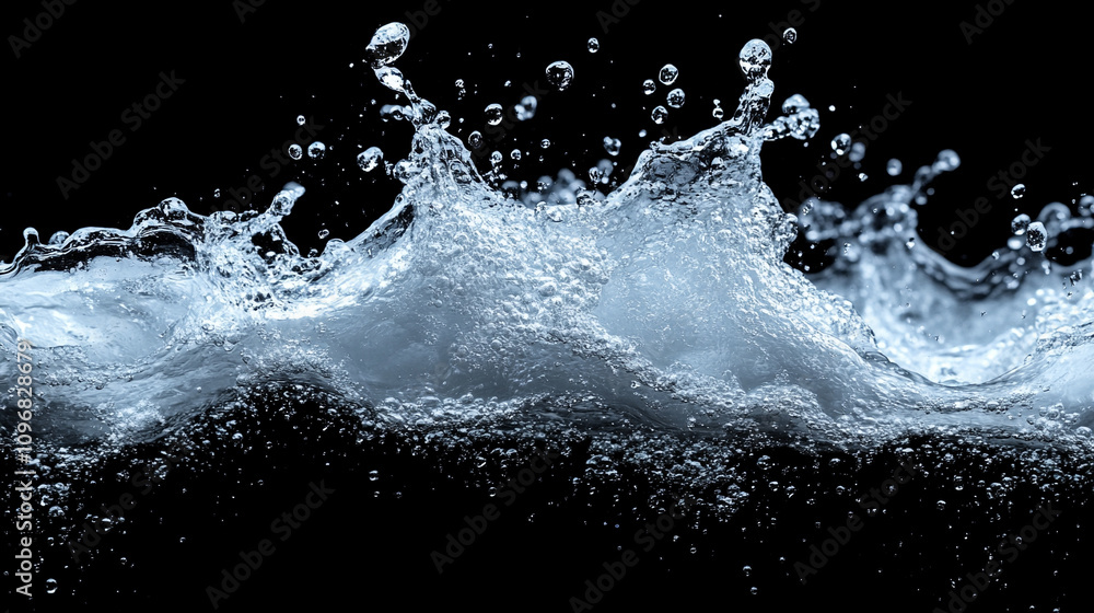 Abstract splash of crystal-clear water droplets frozen in time conveying purity, freshness, and dynamic motion with light reflections and fluid texture Abstract splash of crystal-clear water droplets frozen in time conveying purity, freshness, and dynamic motion with light reflections and fluid texture
