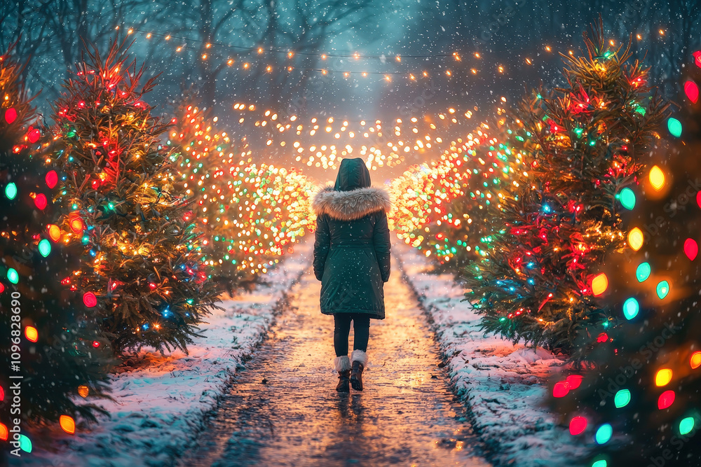 Snow falls gently as someone strolls along a brightly lit pathway surrounded by colorful Christmas trees Snow falls gently as someone strolls along a brightly lit pathway surrounded by colorful Christmas trees
