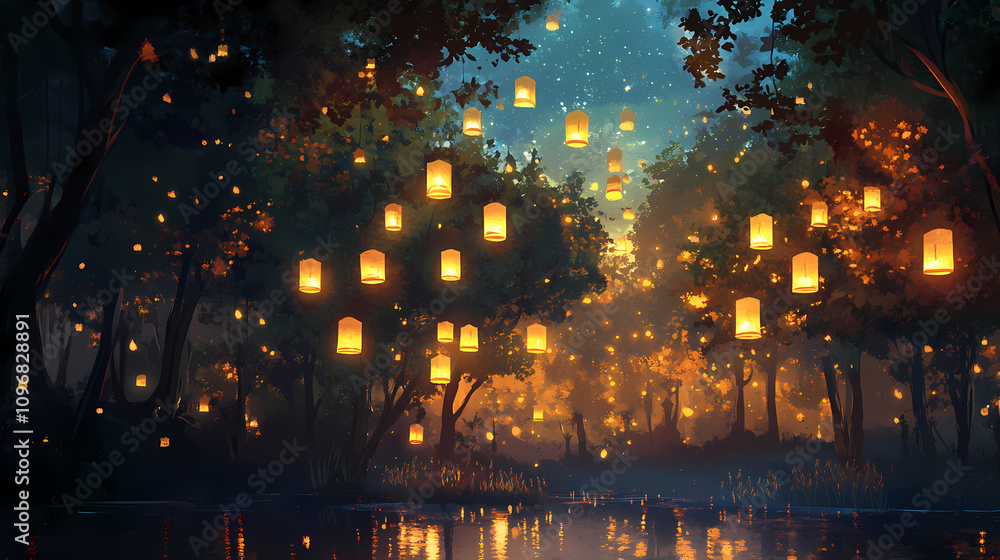 Obraz premium A magical forest illuminated by floating lanterns at dusk. Magical Forest Whispers. Illustration