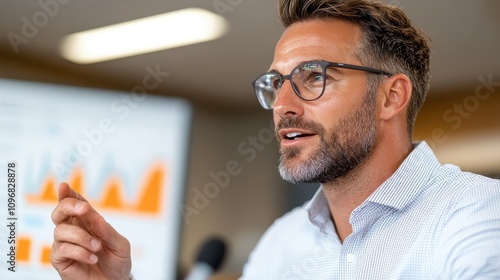 An articulate businessman making a pointed expression highlighting focus and determination, aided by graphs in the background for his presentation on corporate success.