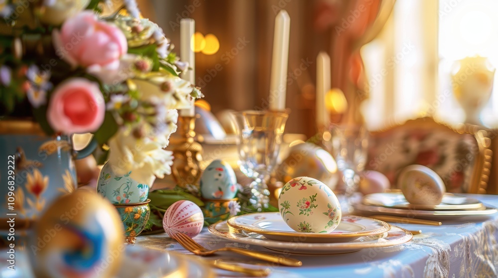 Luxurious Easter Dining Room Table with Elegant Floral Centerpieces and Painted Easter Eggs Luxurious Easter Dining Room Table with Elegant Floral Centerpieces and Painted Easter Eggs