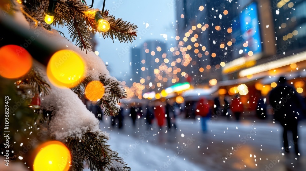 Obraz premium A vibrant city street captures the festive spirit with snow-covered sidewalks and glowing holiday lights, offering warmth and cheer in a wintry urban setting.