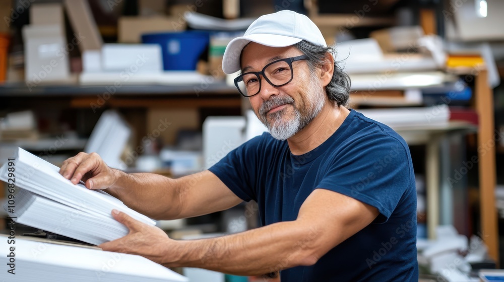 A smiling man wearing a white cap is seen organizing stacks of paper in a cluttered print shop environment, capturing the dynamics of the printing industry. A smiling man wearing a white cap is seen organizing stacks of paper in a cluttered print shop environment, capturing the dynamics of the printing industry.