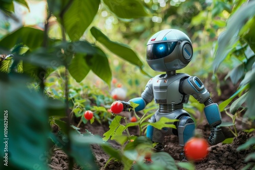 Fototapeta Naklejka Na Ścianę i Meble -  A robot stands amidst vibrant flowers in a lush garden, showcasing a blend of technology and nature. A robot peacefully tending to a garden.