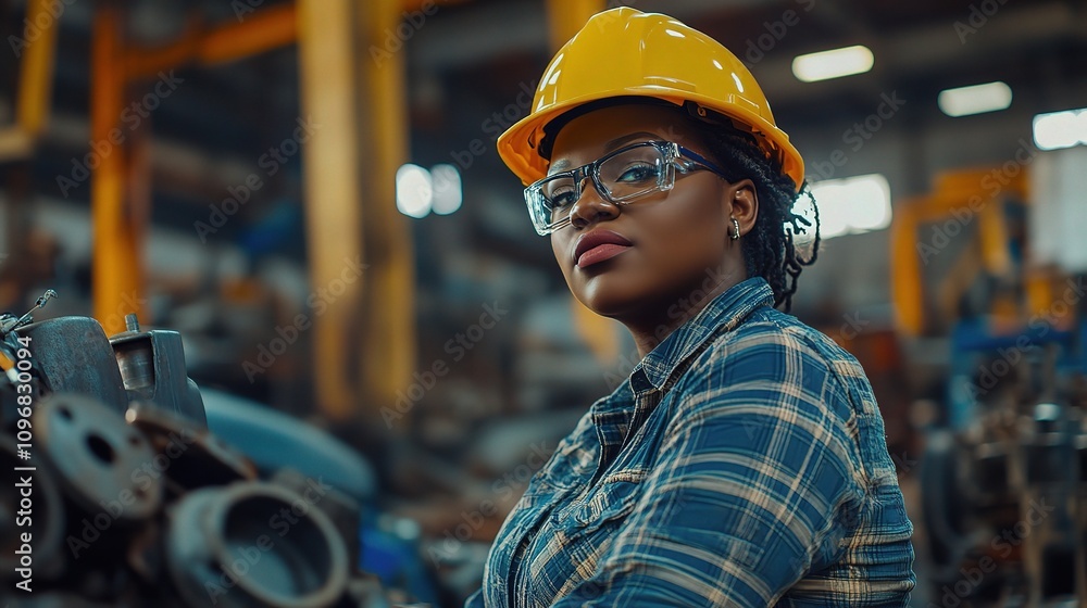 Confident Black Female Worker in Safety Gear at Industrial Site, Showcasing Empowerment and Professionalism in a Heavy-Duty Environment Confident Black Female Worker in Safety Gear at Industrial Site, Showcasing Empowerment and Professionalism in a Heavy-Duty Environment