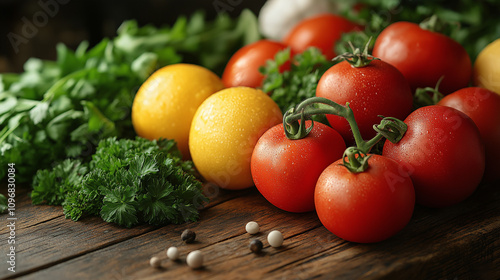 A vibrant assortment of fresh tomatoes, basil, bell peppers, and spices displayed on a rustic table, ideal for culinary themes. photo