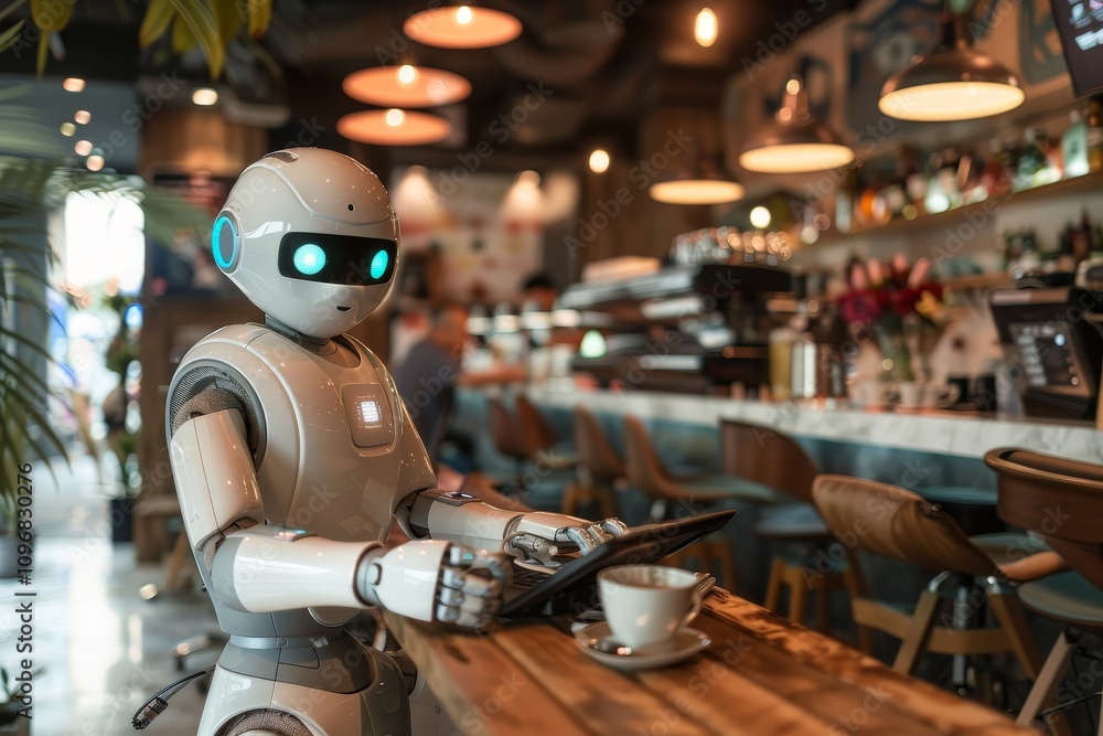A robot serving customers in a cafe .A robot stands in a cafe, holding a cup of coffee, blending technology with a cozy atmosphere. A robot serving customers in a cafe .A robot stands in a cafe, holding a cup of coffee, blending technology with a cozy atmosphere.