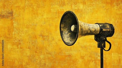 Vintage megaphone against a yellow textured wall.