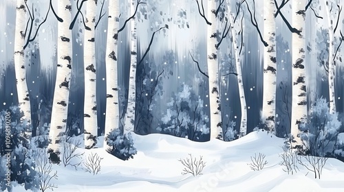 Serene winter birch forest scene with snow.