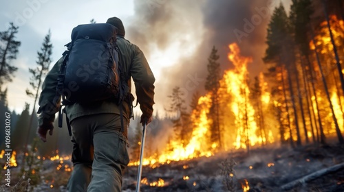 A lone hiker carrying a backpack walks away from a fierce wildfire rapidly consuming the forest, depicting resilience and the constant battle against natural forces.