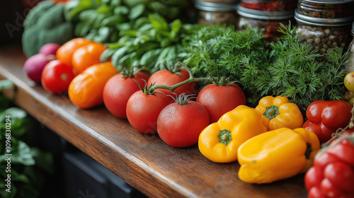 A vibrant assortment of fresh tomatoes, basil, bell peppers, and spices displayed on a rustic table, ideal for culinary themes. photo