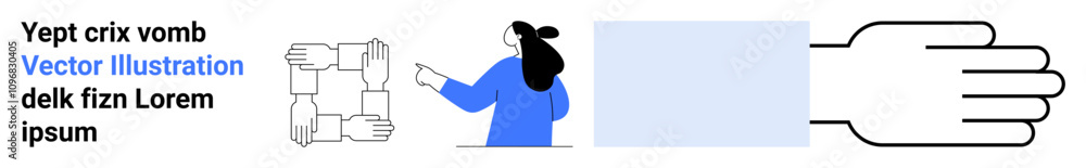 Hands forming a square, person in blue shirt pointing at blue block, text elements. Ideal for teamwork, collaboration, presentations, websites, education, social media, marketing. Banner for landing Hands forming a square, person in blue shirt pointing at blue block, text elements. Ideal for teamwork, collaboration, presentations, websites, education, social media, marketing. Banner for landing
