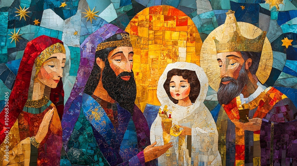 Fototapeta premium Celebration of Epiphany Featuring the Magi and the Holy Family in a Colorful Depiction