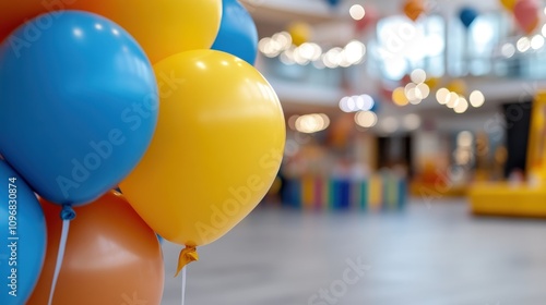 Inside a large event hall, colorful balloons in hues of blue, yellow, and orange brighten the space, complementing the ambient lighting for a festive atmosphere.