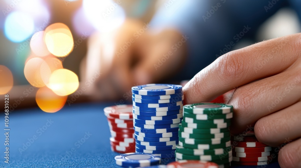 A person methodically stacks poker chips into neat piles, symbolizing organized gameplay and strategic preparations, with colorful bokeh lighting enhancing the atmosphere. A person methodically stacks poker chips into neat piles, symbolizing organized gameplay and strategic preparations, with colorful bokeh lighting enhancing the atmosphere.