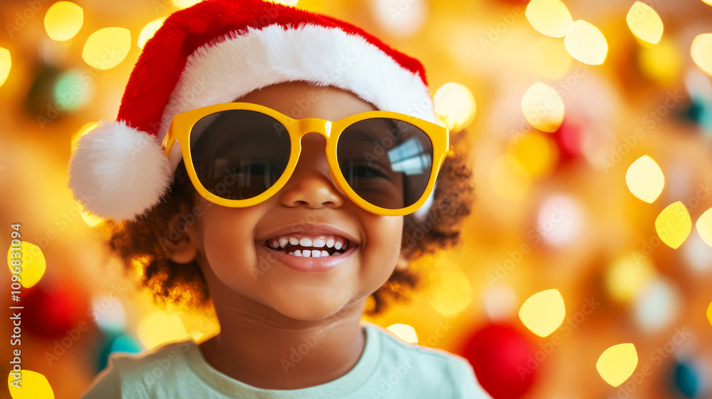 Happy Child in Santa Hat with Sunglasses Smiling Against Blurred Festive Background Happy Child in Santa Hat with Sunglasses Smiling Against Blurred Festive Background