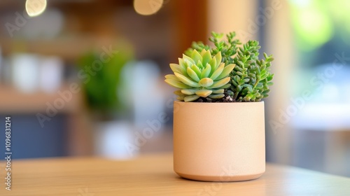 A close-up shot of a succulent plant arrangement in a subtle clay pot resting on a wooden table, exuding a cozy and serene atmosphere in a modern interior.