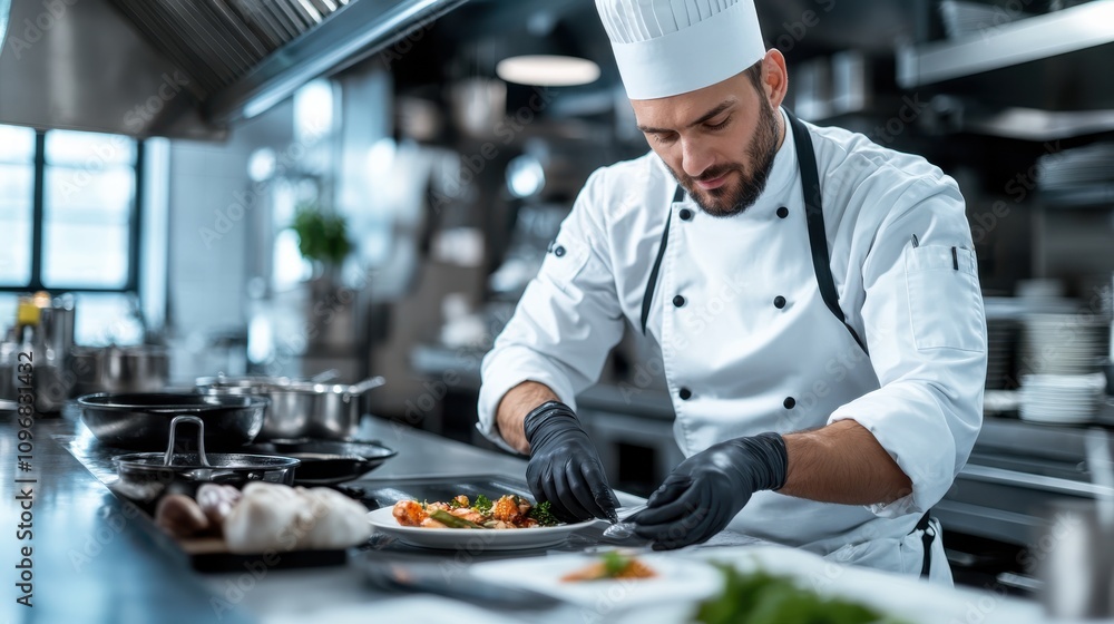 A skilled chef, dressed in a white uniform and toque, is focused as he prepares a gourmet dish in a contemporary kitchen with gleaming utensils and cookware. A skilled chef, dressed in a white uniform and toque, is focused as he prepares a gourmet dish in a contemporary kitchen with gleaming utensils and cookware.