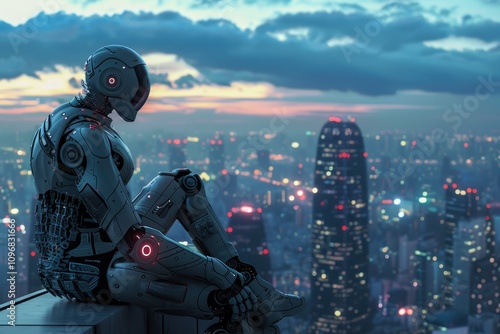 A robot perched on a ledge, gazing out over a sprawling cityscape under a clear blue sky. A robot watching over a sleeping city .