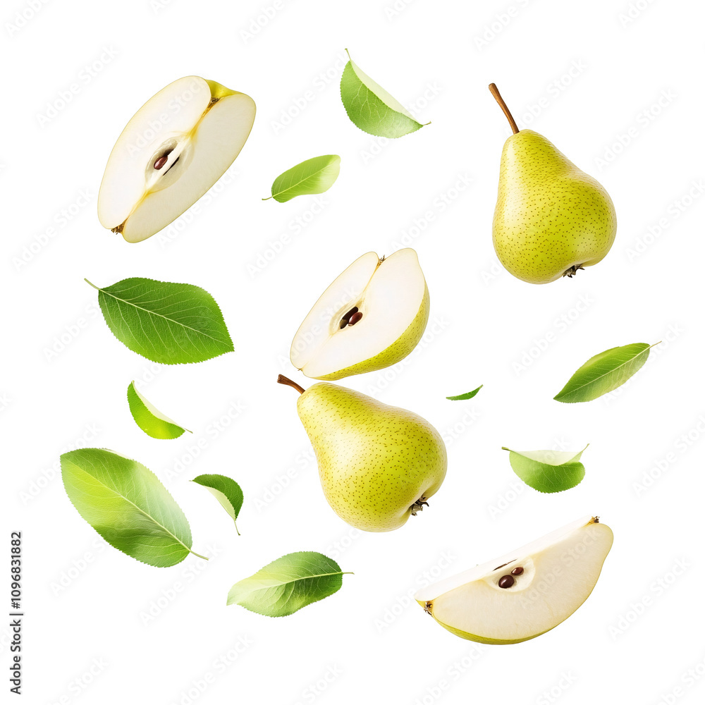 Ripe Fresh Pear Fruit with Half Slice and Green Leaves Isolated on White and Transparent Background - Summer Seasonal Illustration Ripe Fresh Pear Fruit with Half Slice and Green Leaves Isolated on White and Transparent Background - Summer Seasonal Illustration