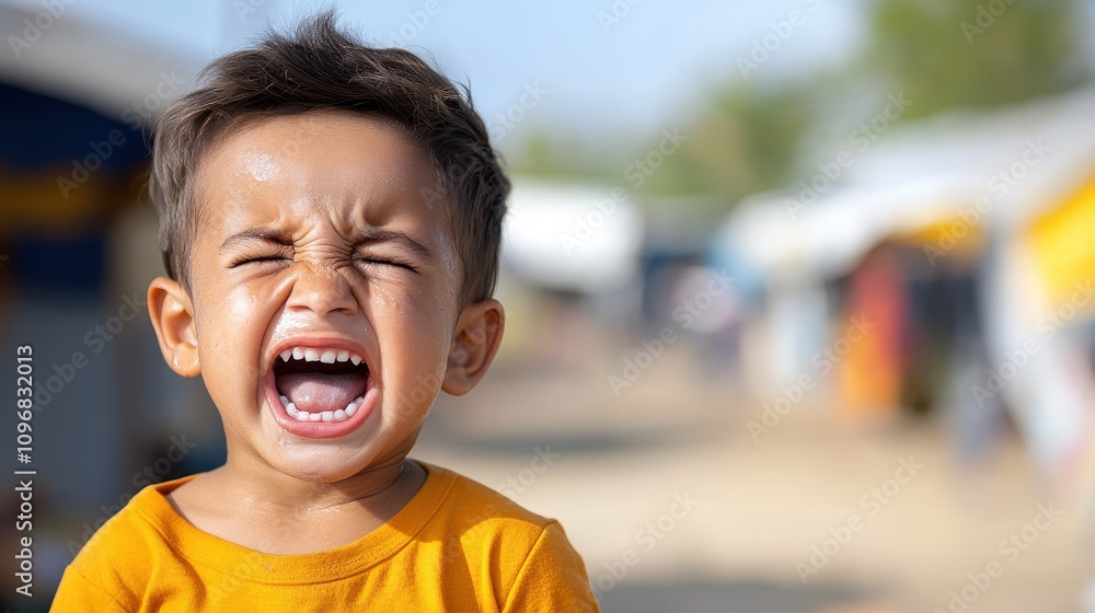 A small boy wearing a yellow shirt is shouting loudly in the street. His expressive face is the main focus against a blurred background of an outdoor setting. A small boy wearing a yellow shirt is shouting loudly in the street. His expressive face is the main focus against a blurred background of an outdoor setting.