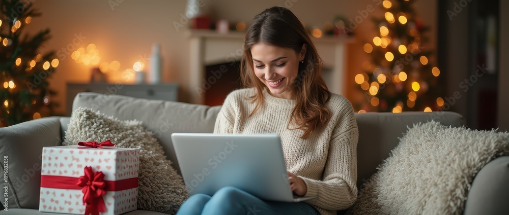 Smiling Woman Online Shopping for Christmas Gifts in a Cozy Living Room with Festive Decorations Smiling Woman Online Shopping for Christmas Gifts in a Cozy Living Room with Festive Decorations