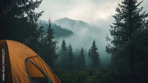 Misty mountain forest campsite with orange tent.