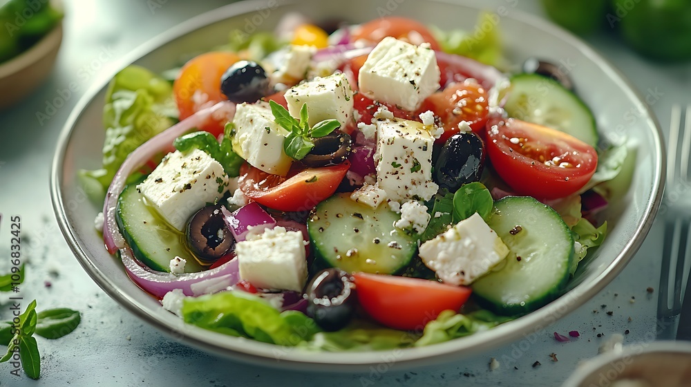 A Greek salad with mixed lettuce cucumber and tomato A Greek salad with mixed lettuce cucumber and tomato
