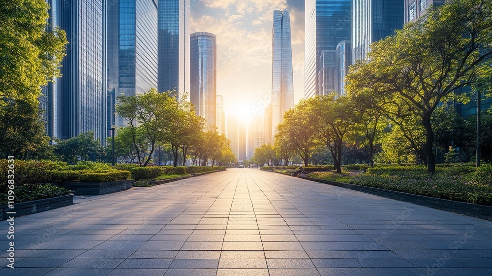 Modern skyline view with open asphalt road, expansive and serene architectural scene Modern skyline view with open asphalt road, expansive and serene architectural scene