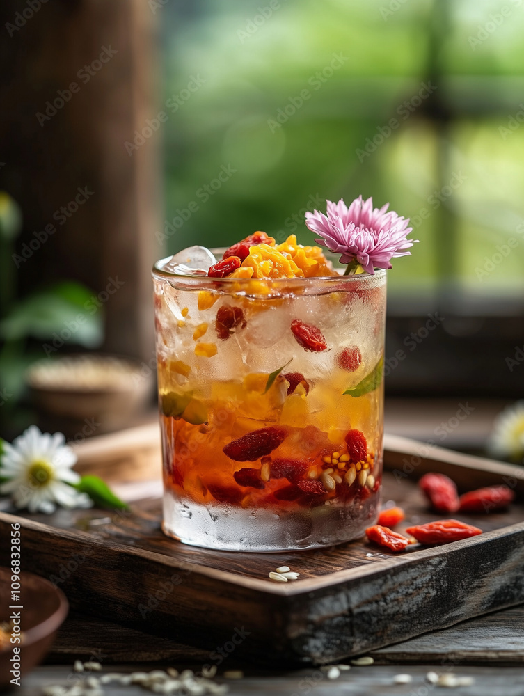 chinese traditional healthy beverage with camomile and goji chinese traditional healthy beverage with camomile and goji