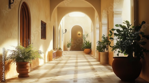 Photo of a empty white corridor under arches with a marble floor.