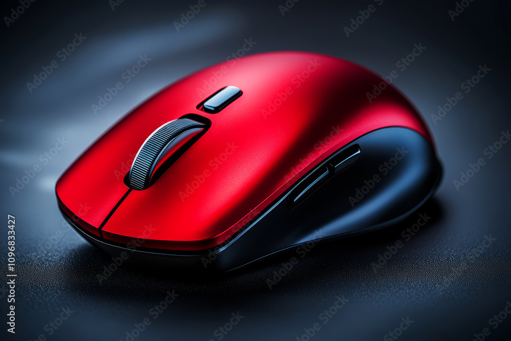 Sleek and Modern Wireless Computer Mouse with Red and Black Design on Dark Surface Sleek and Modern Wireless Computer Mouse with Red and Black Design on Dark Surface