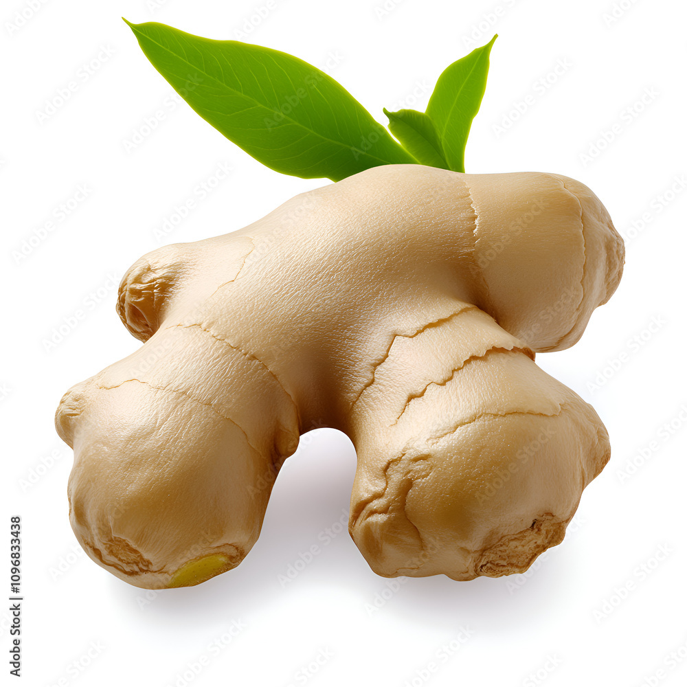 Fototapeta premium Fresh ginger root on a white background with green leaves showing its natural texture and shape