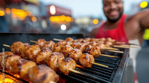 A cheerful chef presenting a set of mouthwatering grilled skewers on a hot barbecue grill, highlighting the vibrant and festive spirit of street food markets.