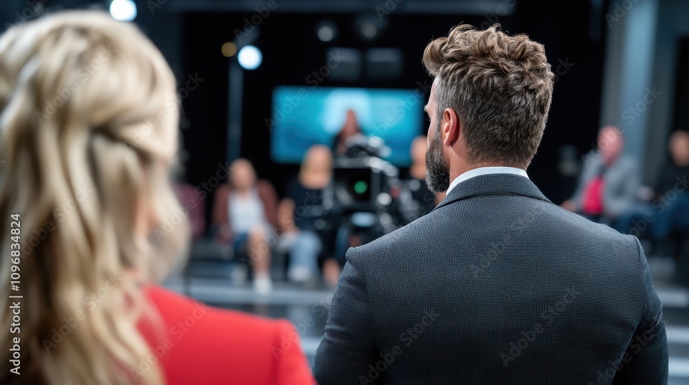 A TV host faces an engaged studio audience in a modern broadcast setting, highlighting the professional atmosphere and energy of live television production. A TV host faces an engaged studio audience in a modern broadcast setting, highlighting the professional atmosphere and energy of live television production.