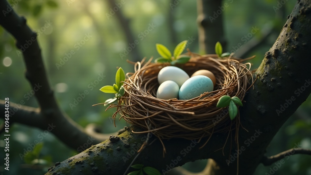 A bird’s nest with eggs of varying sizes and colors, symbolizing belonging, safety, and the acceptance of diversity. A bird’s nest with eggs of varying sizes and colors, symbolizing belonging, safety, and the acceptance of diversity.