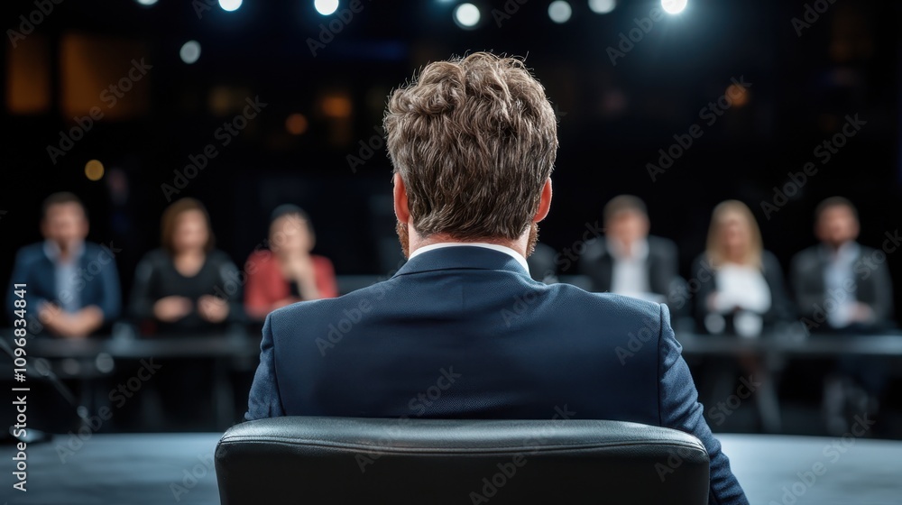 A man in a formal suit faces an audience, with bright lights above, suggesting a business or professional event in a modern setting, focusing on engagement. A man in a formal suit faces an audience, with bright lights above, suggesting a business or professional event in a modern setting, focusing on engagement.
