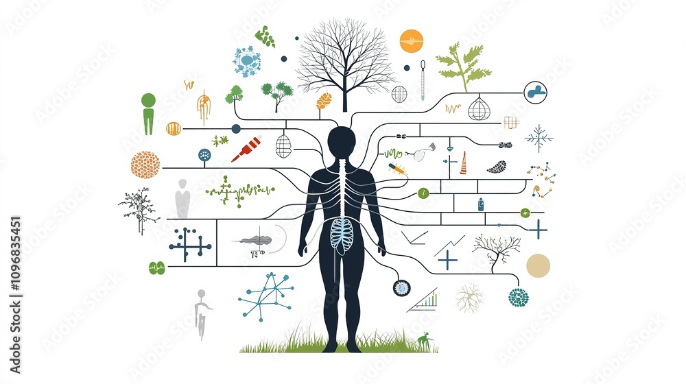A silhouette of a human figure surrounded by various natural elements, symbols, and diagrams representing biology and interconnectedness with nature. A silhouette of a human figure surrounded by various natural elements, symbols, and diagrams representing biology and interconnectedness with nature.