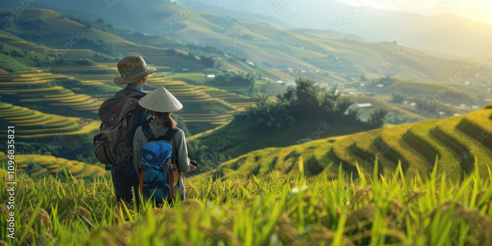 Fototapeta premium Couple Admiring the Rice Terraces at Sunrise
