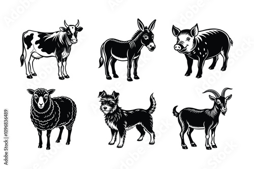 Bundle of cattle animal's vector silhouette Donkey Sheep Goat Cow Dog Pig