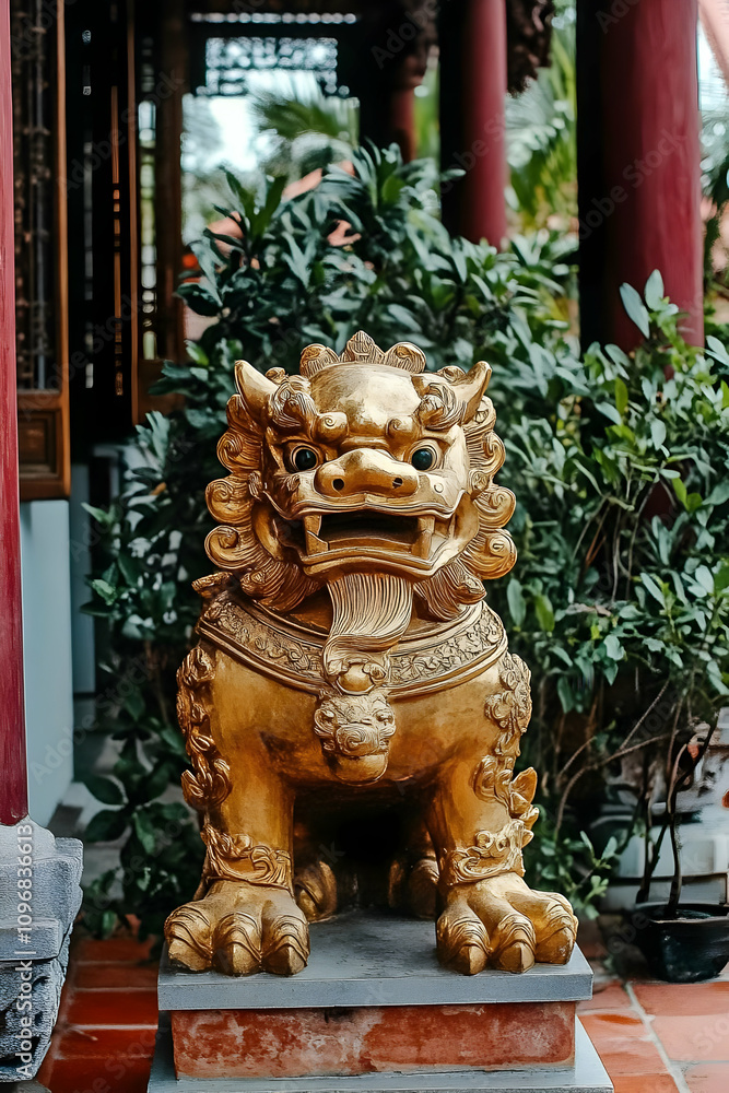 Fototapeta premium Golden Chinese Lion Dog Statue Standing on Red Pedestal