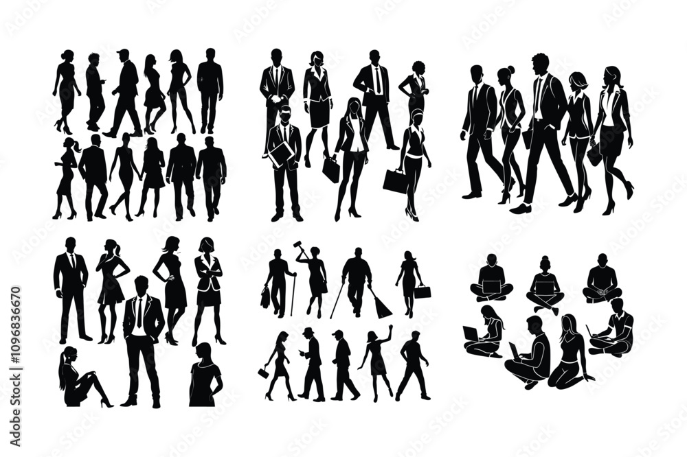Human Silhouettes Diverse Poses Vector Set Human Silhouettes Diverse Poses Vector Set