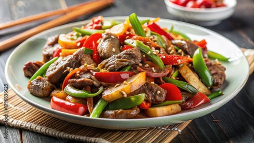 Aromatic Stir-Fry with Sliced Meat, Bell Peppers, Green Beans, and Toasted Sesame Seeds on a White Plate